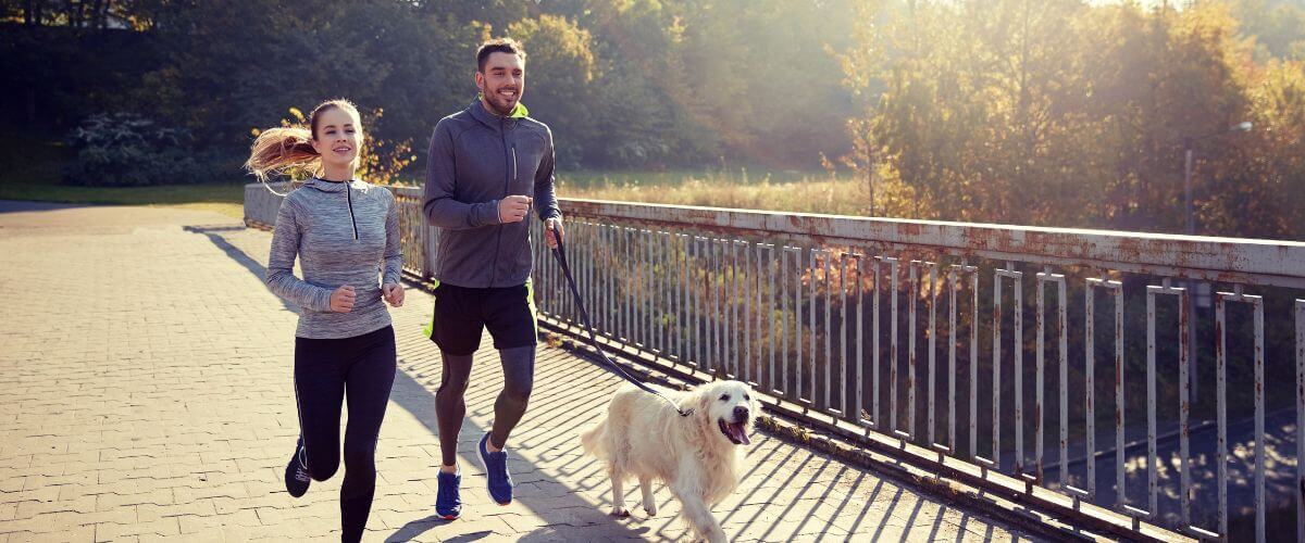 Couple run together with their dog across a bridge reflecting a different way of togetherness.
