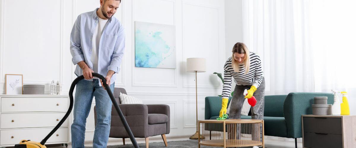 Couple clean the lounge together, learning to manage stress as a couple